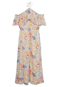 Robe florale décolletée en léger tissu, avec un col froncé, des couleurs pastel et une coupe fluide avec une fermeture à lien.