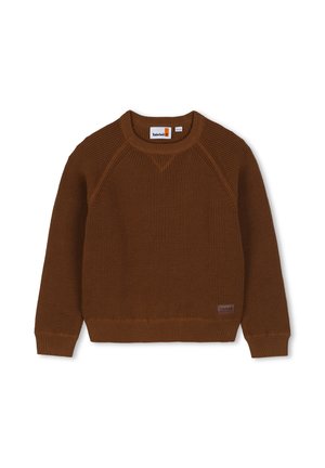 Bruine gebreide trui met lange mouwen en ronde hals, met geribde boorden en zoom, met een klein Timberland-logo badge vlak bij de onderkant.