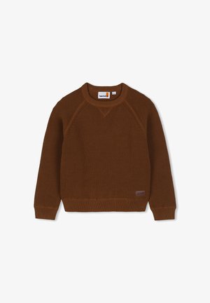 Bruine gebreide trui met lange mouwen en ronde hals, met geribde boorden en zoom, met een klein Timberland-logo badge vlak bij de onderkant.