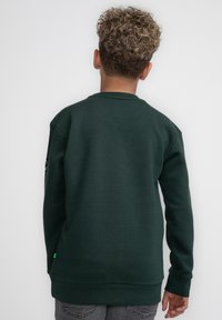 Felpa verde con colletto a girocollo, maniche lunghe e polsini a costine. Presenta una patch con il logo sulla manica sinistra e una texture liscia.