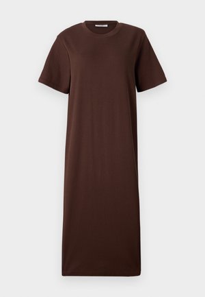 Brown cotton t-shirt dress with short sleeves, round neckline, and a loose, straight silhouette. Smooth texture and minimal design details.