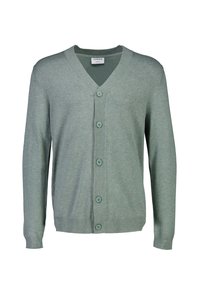 Jasnozielony kardigan wykonany z miękkiej dzianiny, z dekoltem w serek, siedmioma guzikami z przodu oraz ściągaczami na mankietach i u dołu.