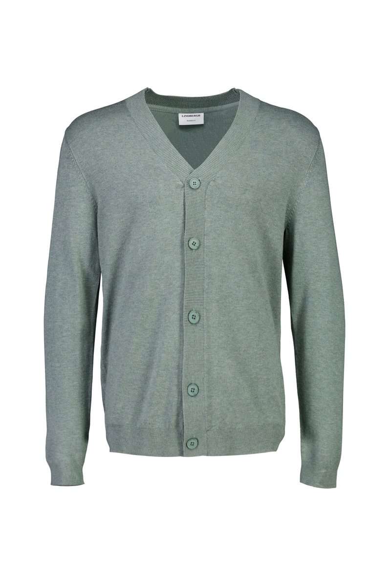 Jasnozielony kardigan wykonany z miękkiej dzianiny, z dekoltem w serek, siedmioma guzikami z przodu oraz ściągaczami na mankietach i u dołu.