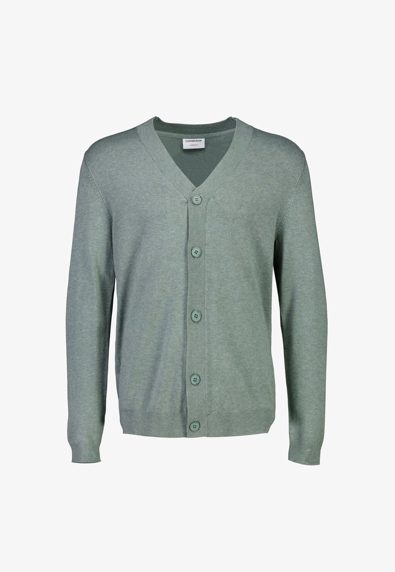 Jasnozielony kardigan wykonany z miękkiej dzianiny, z dekoltem w serek, siedmioma guzikami z przodu oraz ściągaczami na mankietach i u dołu.