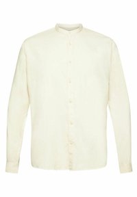 Camicia a maniche lunghe con bottoni in tessuto crema chiaro. Presenta un colletto alla mandarino e una texture sottile, con orlo dritto e maniche aderenti.