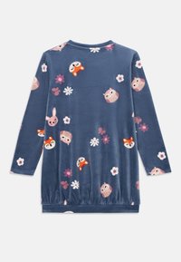 Abito in velluto blu con stampa su tutta la superficie di animali (volpe, gufo, coniglio) e fiori. Maniche lunghe e orlo elastico per una vestibilità comoda.