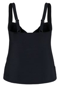 Débardeur noir avec des bretelles ajustables, un col rond et une texture lisse. Conception simple, sans logos ni motifs visibles.