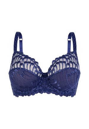 Soutien-gorge en dentelle bleu marine avec bonnets transparents brodés, bords festonnés, bretelles ajustables et détails en dentelle florale le long du bandeau.