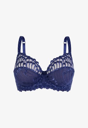 Sostén de encaje azul marino con copas transparentes bordadas, bordes festoneados, tirantes ajustables y detalle de encaje floral a lo largo de la banda.