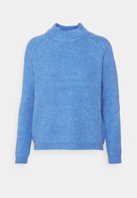 Pull bleu tricoté avec un col montant, des manches raglan et des poignets côtelés. La texture est douce et légèrement épaisse.