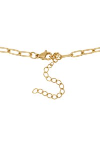 Goldene Halskette mit verlängerten Gliedern und einem Karabinerverschluss, die eine verstellbare Länge durch einen Abschnitt kleinerer Glieder bietet.