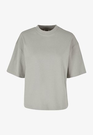 Pelēks īsās piedurknes T-krekls ar apaļu kakla izgriezumu, izgatavots no mīkstas kokvilnas auduma, ar brīvu piegriezumu un minimālu šuvju detaļu.