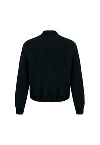 Czarna kurtka z długim rękawem, z elastycznymi mankietami i pasem, pokazana z tyłu na białym tle.