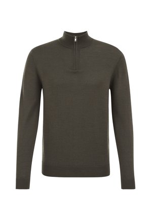 Dunkelolivgrüner Pullover mit hohem Kragen und halbem Reißverschluss. Stricktextur, lange Ärmel, gerippte Bündchen und Saum, minimalistisches Design.