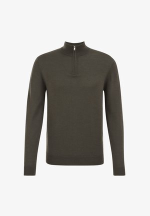 Dunkelolivgrüner Pullover mit hohem Kragen und halbem Reißverschluss. Stricktextur, lange Ärmel, gerippte Bündchen und Saum, minimalistisches Design.