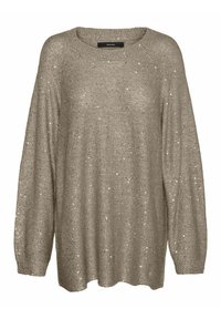 Beige strikket sweater med lange ærmer, løs pasform, rund halsudskæring og metaltrådsdetaljer for en glitrende effekt. Tekstureret overflade synlig.