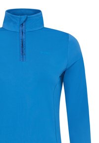 Blå långärmad tröja med halvdragkedja, gjord av mjukt material. Har en subtil logotyp och rena sömmar. Lätt och åtsittande design.