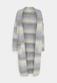 Cardigan long à ouverture frontale, rayé horizontalement en dégradé de gris, bleu, beige et blanc, confectionné en tissu tricoté doux et duveteux.