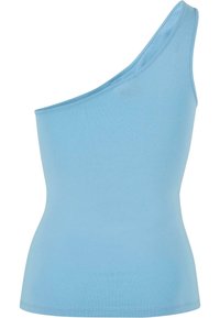 Top asymétrique bleu clair sans manches avec une taille cintrée et une texture de tissu lisse.