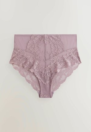 Lavendelspidsbrief med blomstermønster, bølgede kanter og en glat mesh-bagside. Blød tekstur og høj talje for dækning.