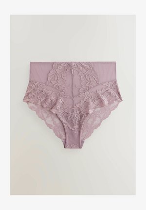 Lavendelspidsbrief med blomstermønster, bølgede kanter og en glat mesh-bagside. Blød tekstur og høj talje for dækning.