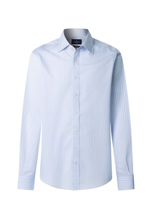 Lichtblauw klassiek overhemd voor heren met verticale witte strepen, lange mouwen, knoopmanchetten en een puntige kraag.
