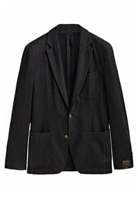 Blazer nero a un petto con rever a punta, due tasche anteriori a toppa, una tasca sul petto e chiusura a due bottoni.