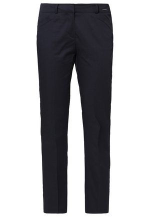 Pantalon droit bleu marine avec passants pour ceinture, poches latérales et fermeture éclair à l'avant, présenté sur un fond blanc.