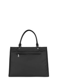 Borsa a spalla in tessuto nero con doppi manici, forma rettangolare, tasca frontale con zip e dettagli in metallo argentato. Texture liscia in tutto il prodotto.