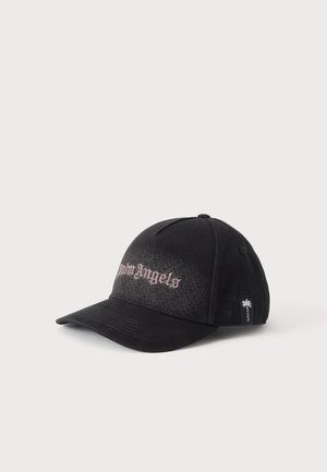 Schwarze Baseballkappe mit gebogenem Schirm, vorne mit verblasstem pinkfarbenem "Palm Angels"-Text und kleinem Seitenetikett mit Palmen-Logo.