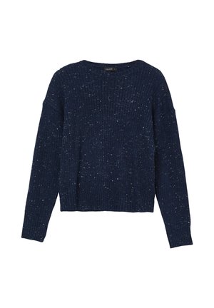 Marineblauer Strickpullover mit gerippter Textur, weiten Ärmeln und subtilen Sprenkeln. Verfügt über einen Rundhalsausschnitt und eine cropped Länge.