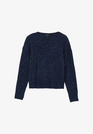 Marineblauer Strickpullover mit gerippter Textur, weiten Ärmeln und subtilen Sprenkeln. Verfügt über einen Rundhalsausschnitt und eine cropped Länge.