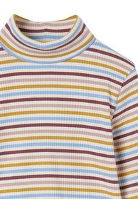 Ribbed turtleneck top featuring horizontal stripes in maroon, light blue, yellow, and cream colors. Soft texture with a fitted design.