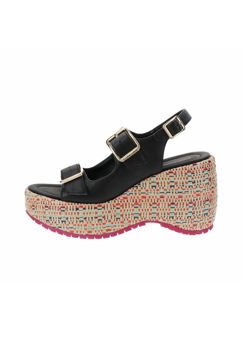 Sandali neri con piattaforma, dotati di due cinturini regolabili, una base intrecciata multicolore e una suola rosa. Le fibbie sono in metallo.