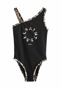 Svart baddräkt i ett stycke med en asymmetrisk design, leopardmönstrad trim och cirkulär "SAINT"-grafik fram. Slät textur.