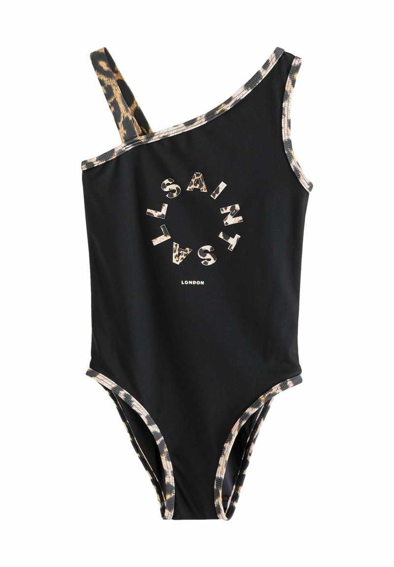 Svart baddräkt i ett stycke med en asymmetrisk design, leopardmönstrad trim och cirkulär "SAINT"-grafik fram. Slät textur.