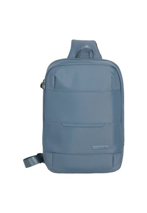 Blue synthetic backpack with a smooth texture, rectangular shape, front zip pocket, and adjustable strap. Features a minimalist design.