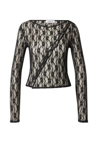 Haut noir en dentelle à manches longues avec motif floral, tissu semi-transparent, col arrondi, coupe courte et détail d'accent diagonal sur le devant.
