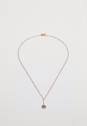 Colar em corrente de ouro rosa com elos alongados, apresentando um pendente circular com gravação. Fecho simples para fechamento.