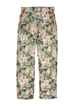Light beige pants with tropical print featuring zebras, palm trees, large flowers, and colorful parrots, two side pockets with orange trim.