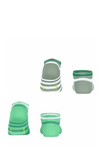 Groene enkelkousen met horizontale witte strepen en lichtgroene accenten. Gemaakt van zachte stof, met een ribbelboord en een logo.
