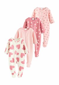 Quatre pyjamas pour bébés en polaire rose : un avec des motifs en cœur, un avec des rayures, et deux avec des pois, tous dotés de fermetures éclair et de pieds.