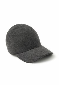 Grå yllekeps med en rundad krone och en mjuk, texturerad yta. Har en kort, styv skärm för solskydd.