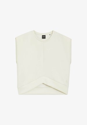 Haut sans manches couleur crème avec un col rond, des épaules rembourrées et un ourlet asymétrique plié, avec une petite étiquette logo BOSS.
