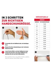 Größentabelle für unisex Handschuhe zeigt Hände, die mit einem Maßband oder einer Schnur gemessen werden, mit einer Tabelle, die Größen und entsprechende Maße anzeigt.
