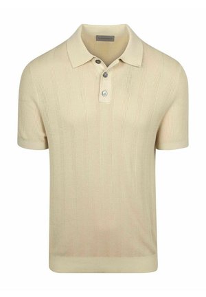 Beige gebreid poloshirt met korte mouwen, een kraag en drie knopen op de plooi, met geribbelde boorden en zoom.