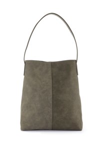 Olivgrüne Handtasche aus strukturiertem Wildleder, mit einem glatten Bereich auf einer Seite, einem einzigen Schulterriemen und einem minimalistischen Design.