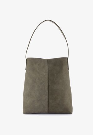 Olive green handbag made of textured suede, featuring a smooth section on one side, a single shoulder strap, and a minimalist design.