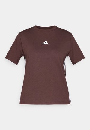 Brown cotton T-shirt featuring a round neck, short sleeves, white Adidas logo on the chest, and white side stripes for contrast.
