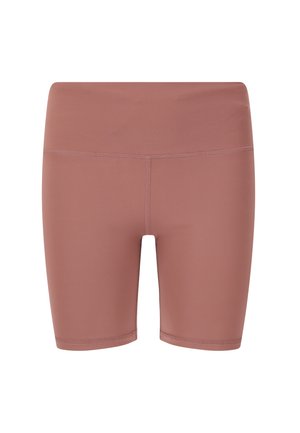 Lyhyet vaaleanpunaiset aktiivivaatteet, joissa on sileä tekstuuri, korkea vyötärö ja vähäiset ompeluyksityiskohdat, suunniteltu mukavuutta ja joustavuutta varten.